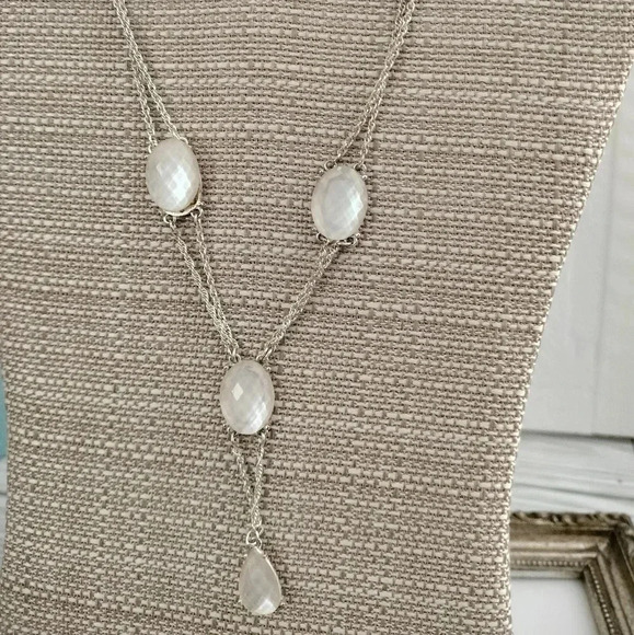 Avon Y Double strand Necklace Silver Tone White Oval Gemstones - Picture 1 of 11